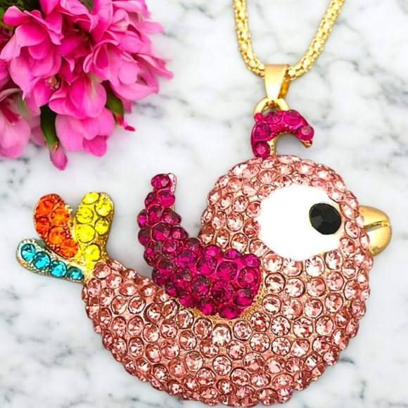 Little Pink Crystal & Enamel Bird Necklace - Picture 2 of 4